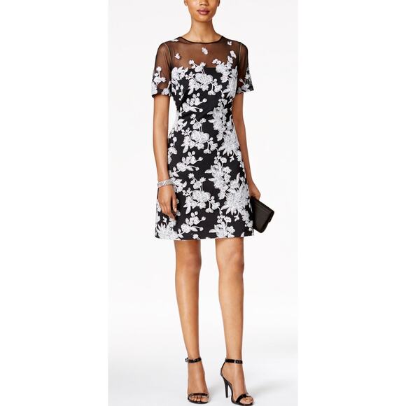 Tadashi Shoji floral print embroidered illusion dress - size 10 - Picture 1 of 12